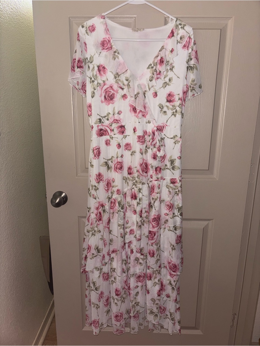 White Midi Dress with Pink Rose Print and V-Neck